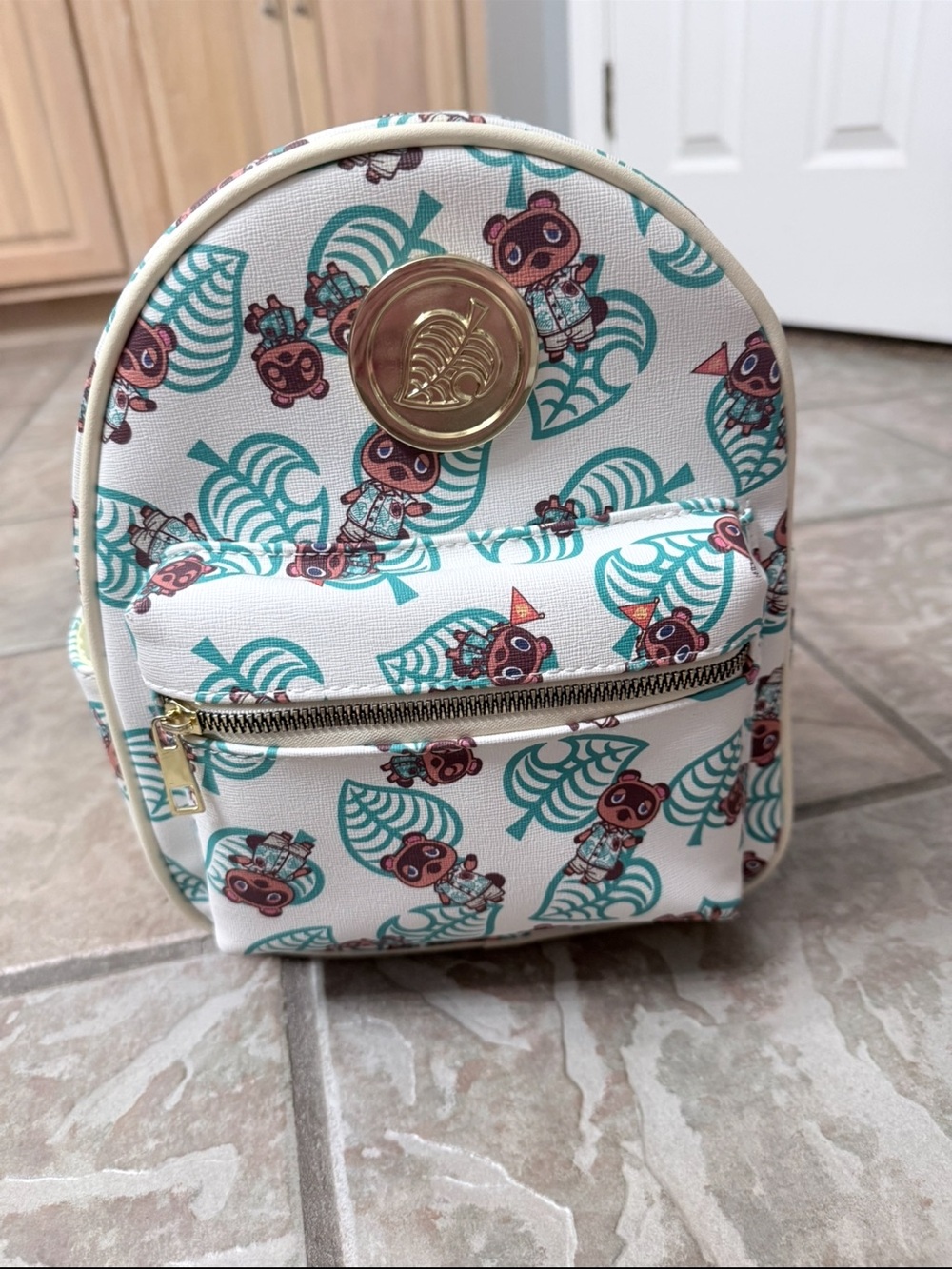 Unbranded White & Teal Character Mini Backpack with Gold Accent